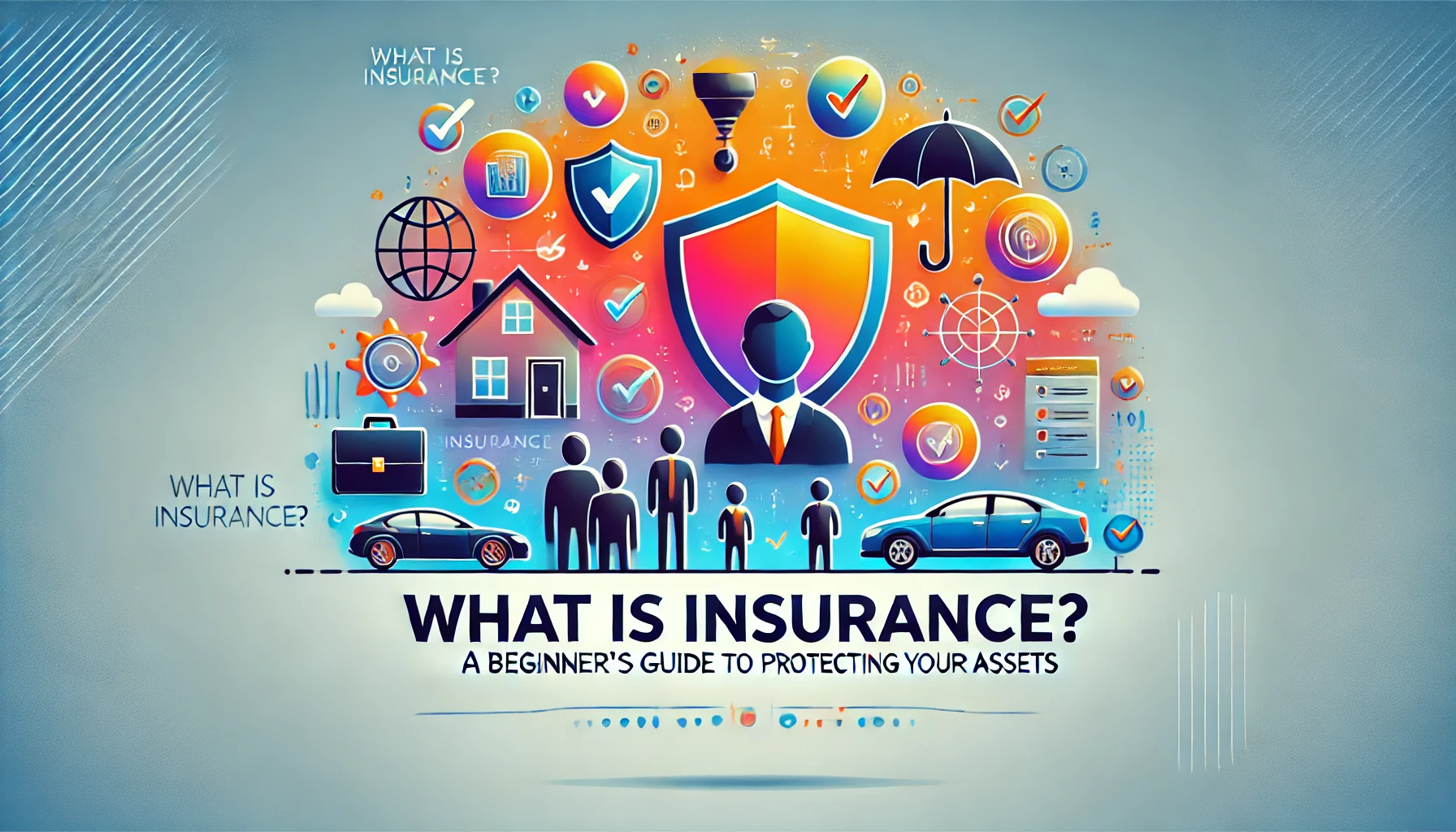 A horizontal banner featuring the heading "What Is Insurance?" with icons of a shield, house, car, briefcase, and family silhouettes symbolizing asset protection. The background is a calming gradient of blue and white.